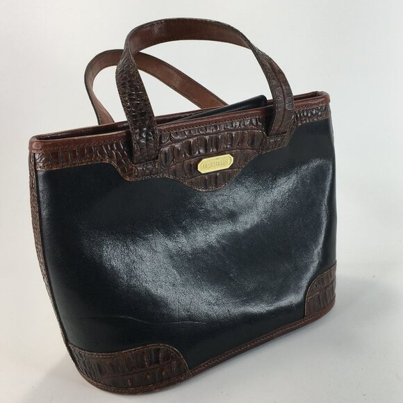 Brahmin Black and Brown Leather Croc Embossed Bucket Shoulder Hand Bag - Picture 1 of 8